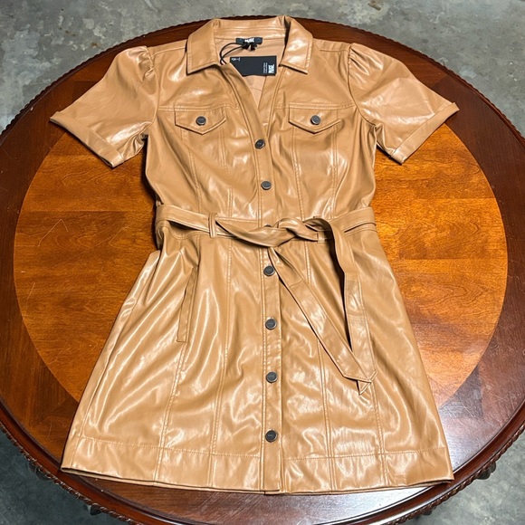 Paige Amina Toasted Coconut Faux Leather Mini Dress Small NWT - Picture 3 of 8